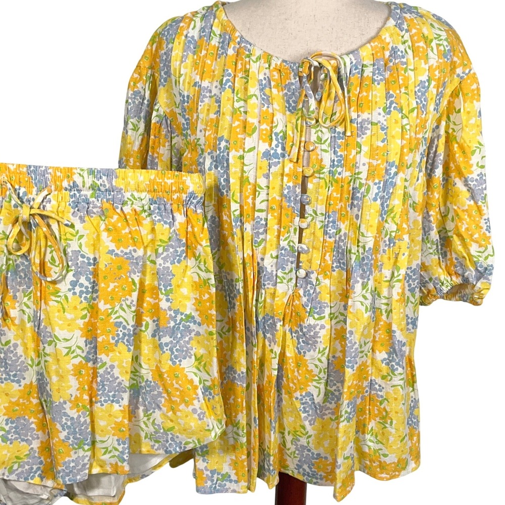 Sabo Shorts‎ Top Set Women XS Yellow Blue Floral Linen Blend Drawstring Summer